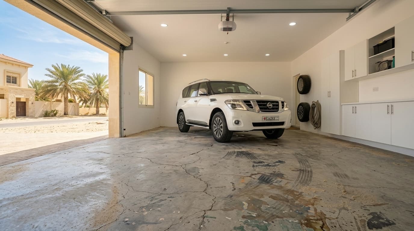 Cracked stained concrete garage floor before coating