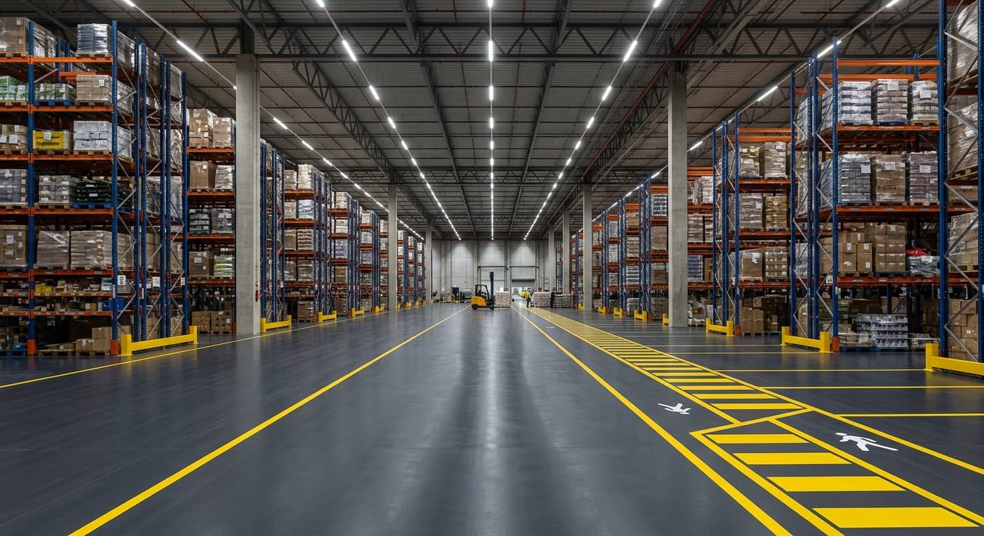Heavy-duty warehouse floor coating with safety line marking